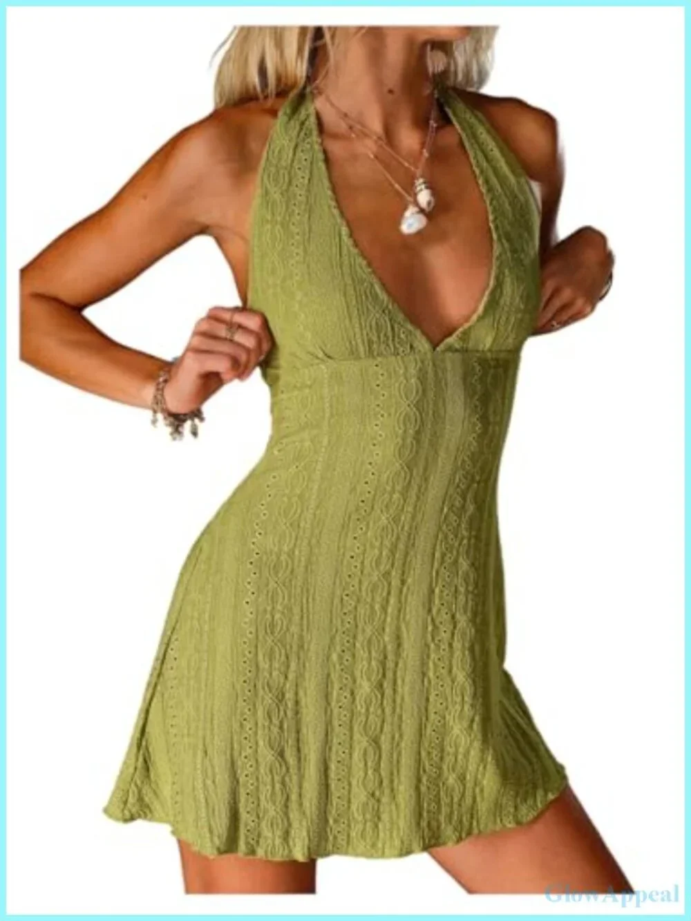 Deep V Neck Halter Mini Dress Sleeveless Open Back A-Line Summer Beach Dress